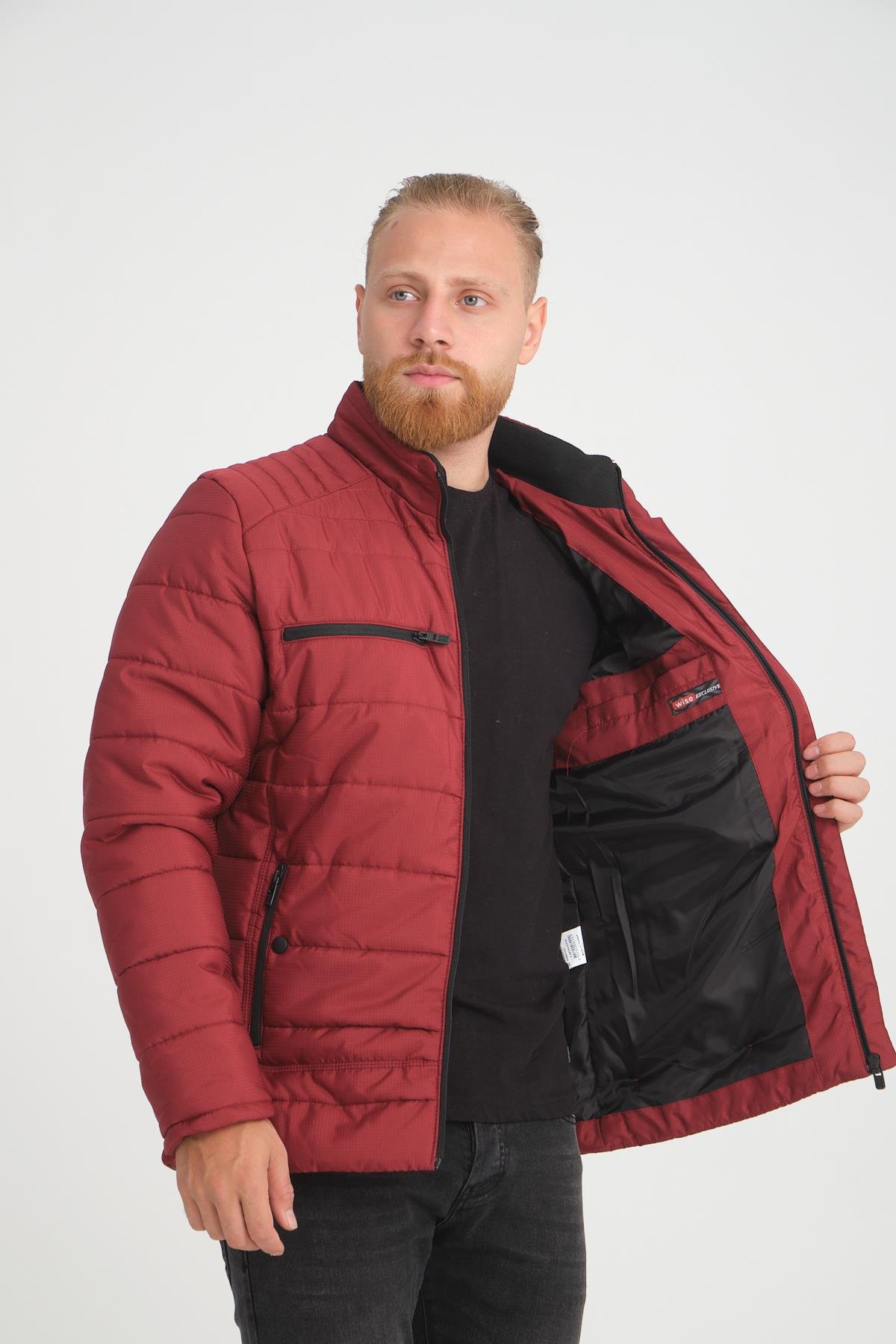 Wholesale Burgundy Double Zipper Pocket Stand Collar Jacket 3082B