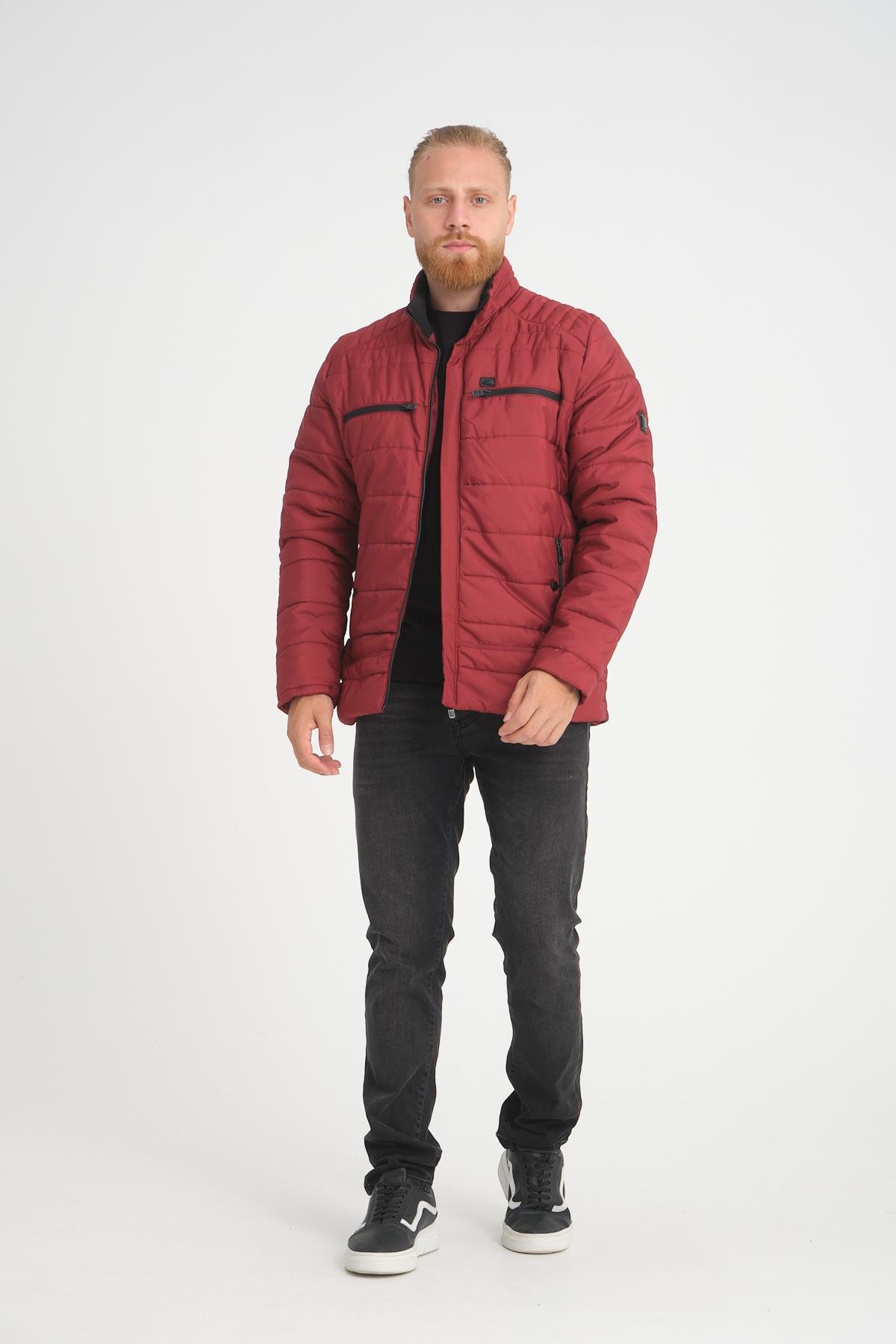 Wholesale Burgundy Double Zipper Pocket Stand Collar Jacket 3082B