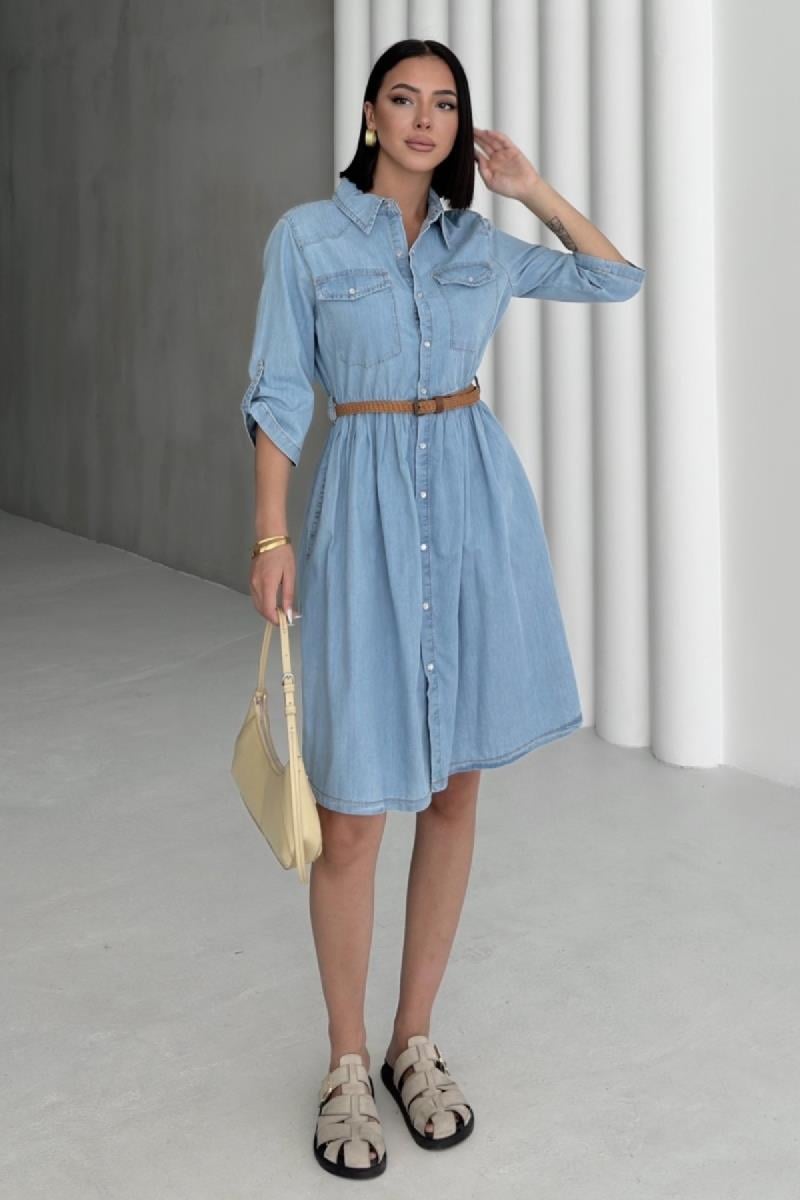 Büzgü Detaylı Kısa Kot Elbise 3040-15-(S-XL)