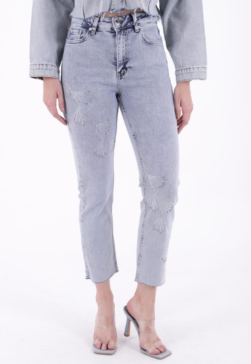 Çapraz Taşlı Mom Fit Kot Pantolon 7054-08-(26-31)