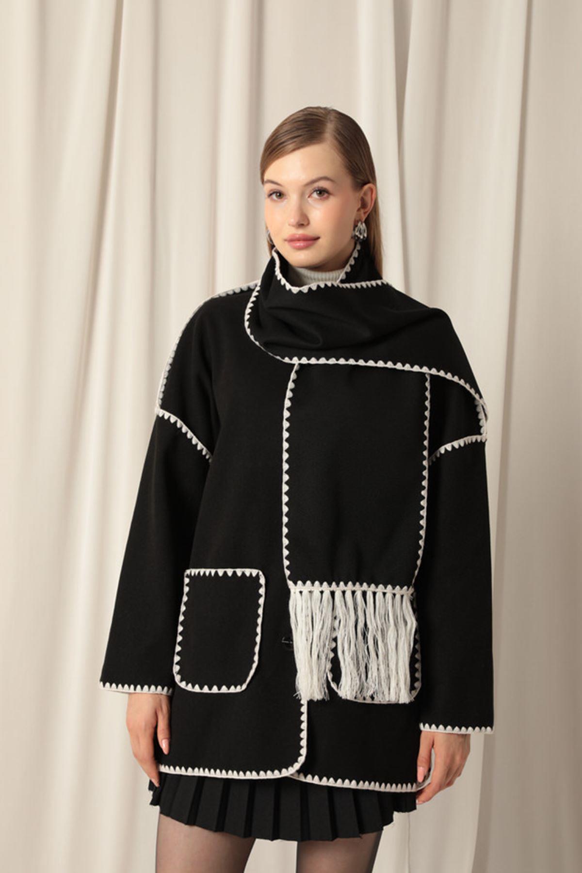 Cashmere Fabric Women's Black/Ecru Design Jacket