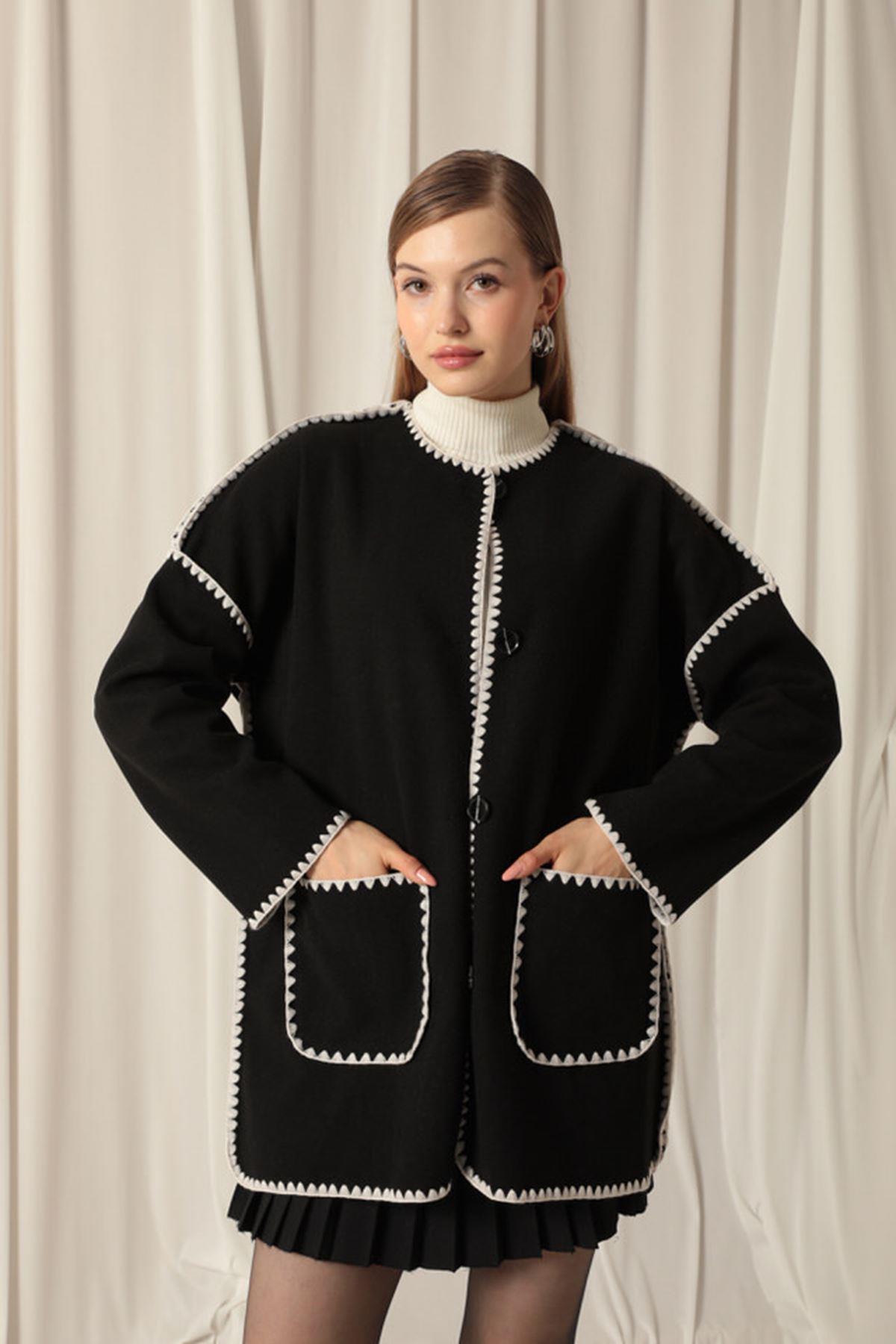 Cashmere Fabric Women's Black/Ecru Design Jacket