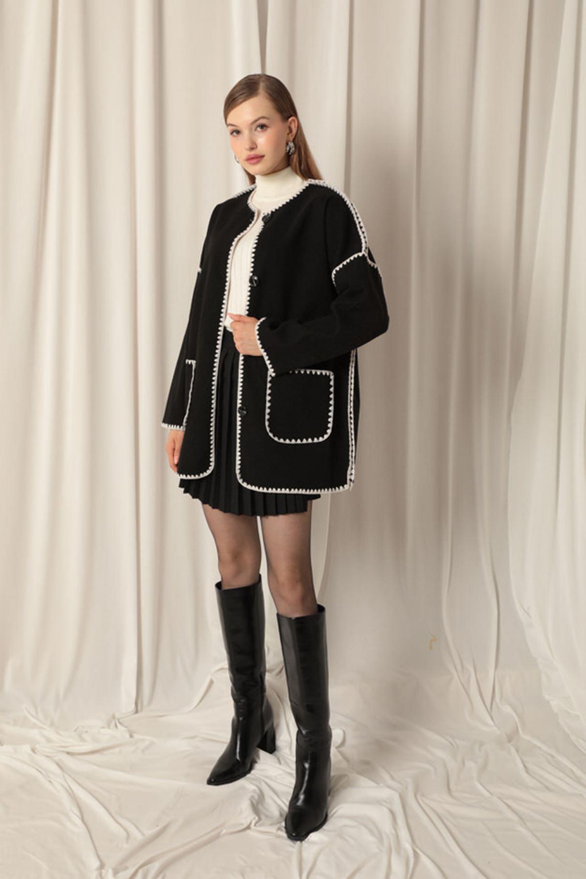 Cashmere Fabric Women's Black/Ecru Design Jacket