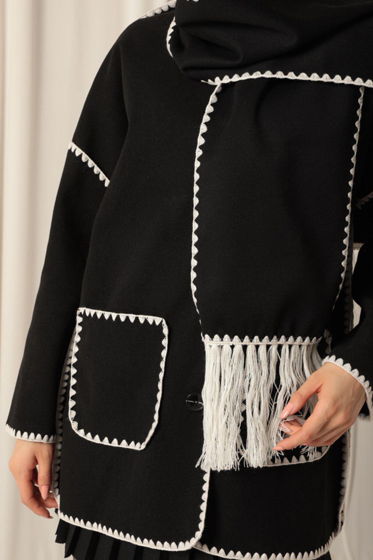 Cashmere Fabric Women's Black/Ecru Design Jacket