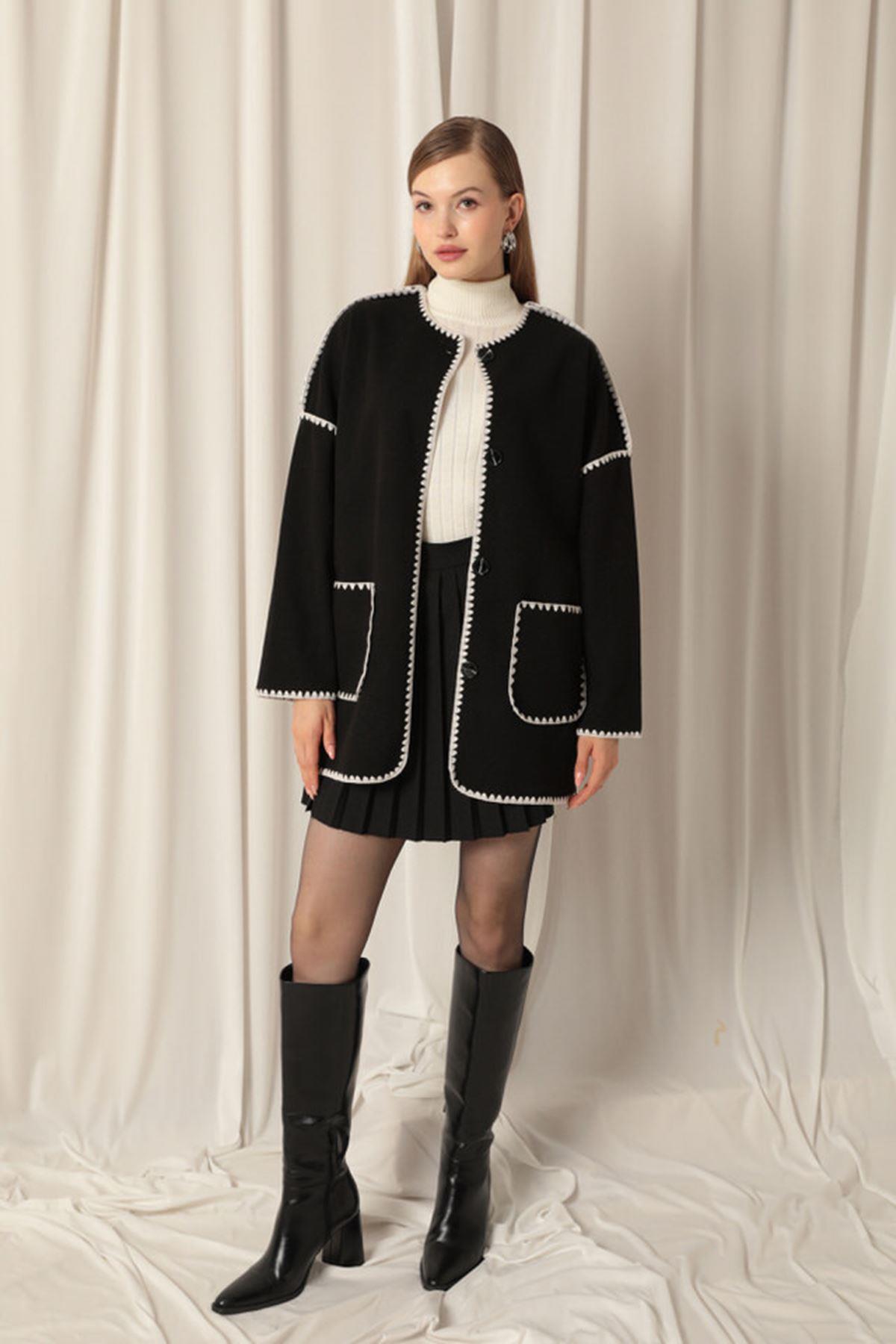 Cashmere Fabric Women's Black/Ecru Design Jacket