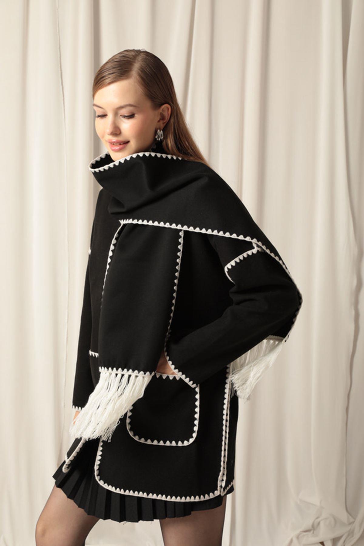 Cashmere Fabric Women's Black/Ecru Design Jacket