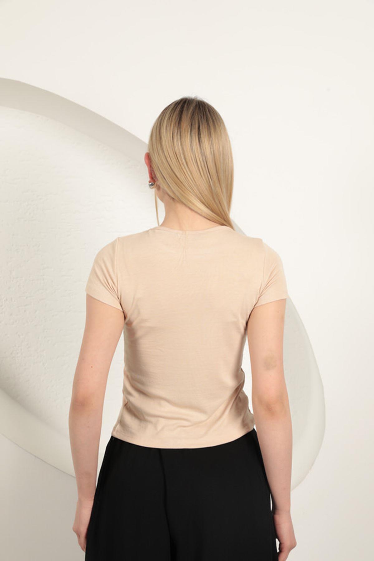 Çilek Viscose Fabric Basic T-Shirt-Beige