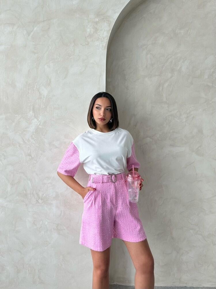 D 2786 PULLU KOT ŞORT - PEMBE