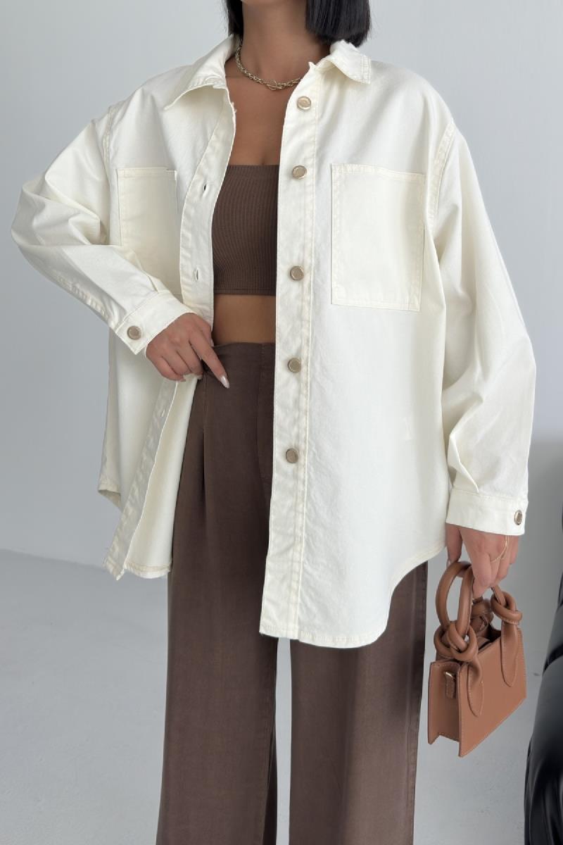Düğmeli Oversize Kot Gömlek 6080-08-(S+L+3)
