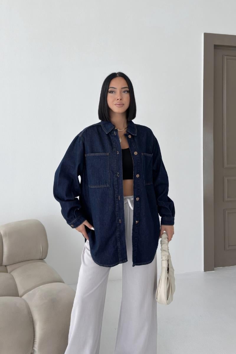 Düğmeli Oversize Kot Gömlek 6080-08-(S+L+3)