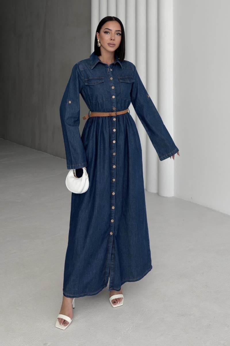 Düğmeli Uzun Kot Elbise 3041-26-(S-XL)