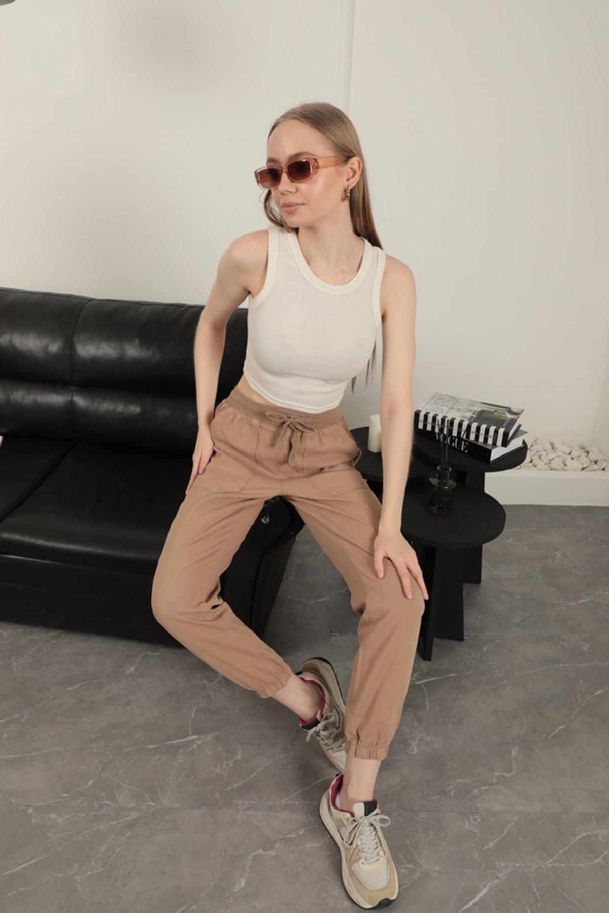 Elastic Leg Women's Trousers-Camel