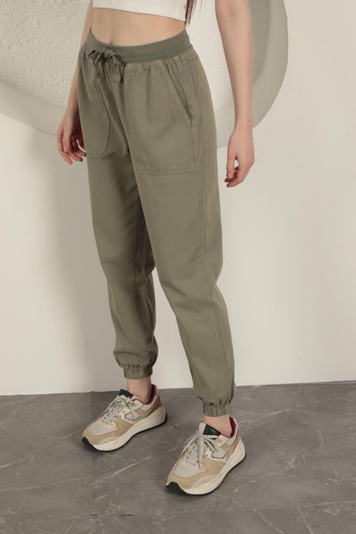 Elastic Leg Women's Trousers-Khaki