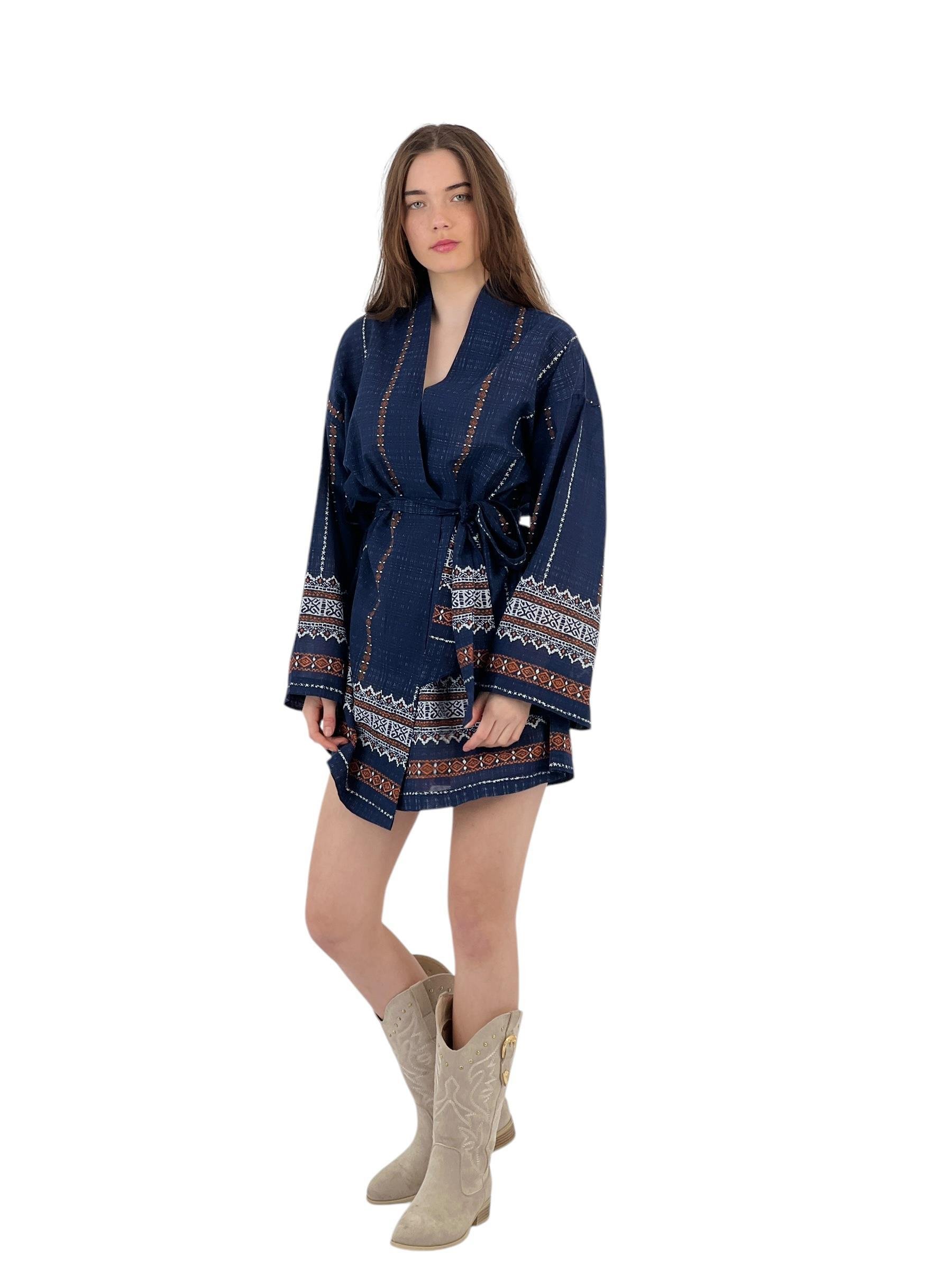 Etnik Desenli Haki Kimono