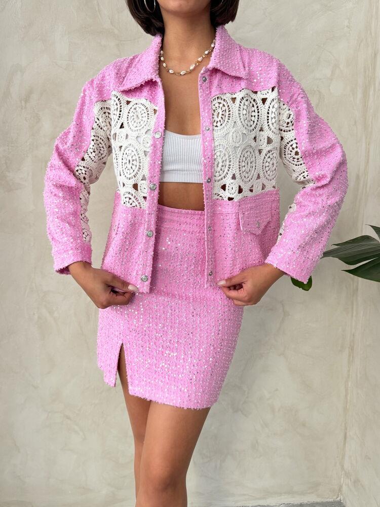 F 1758 DANTEL DETATLI KOT CEKET - PEMBE