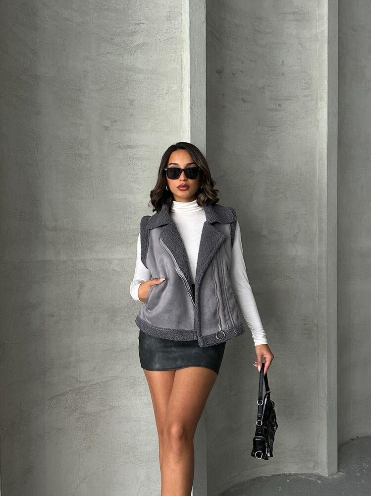 F Suet Yakası Kürklü Toptan Yelek - Gri Gri | TOPSHOW