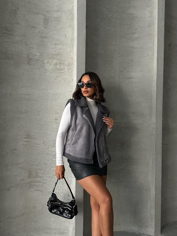 F Suet Yakası Kürklü Toptan Yelek - Gri Gri | TOPSHOW