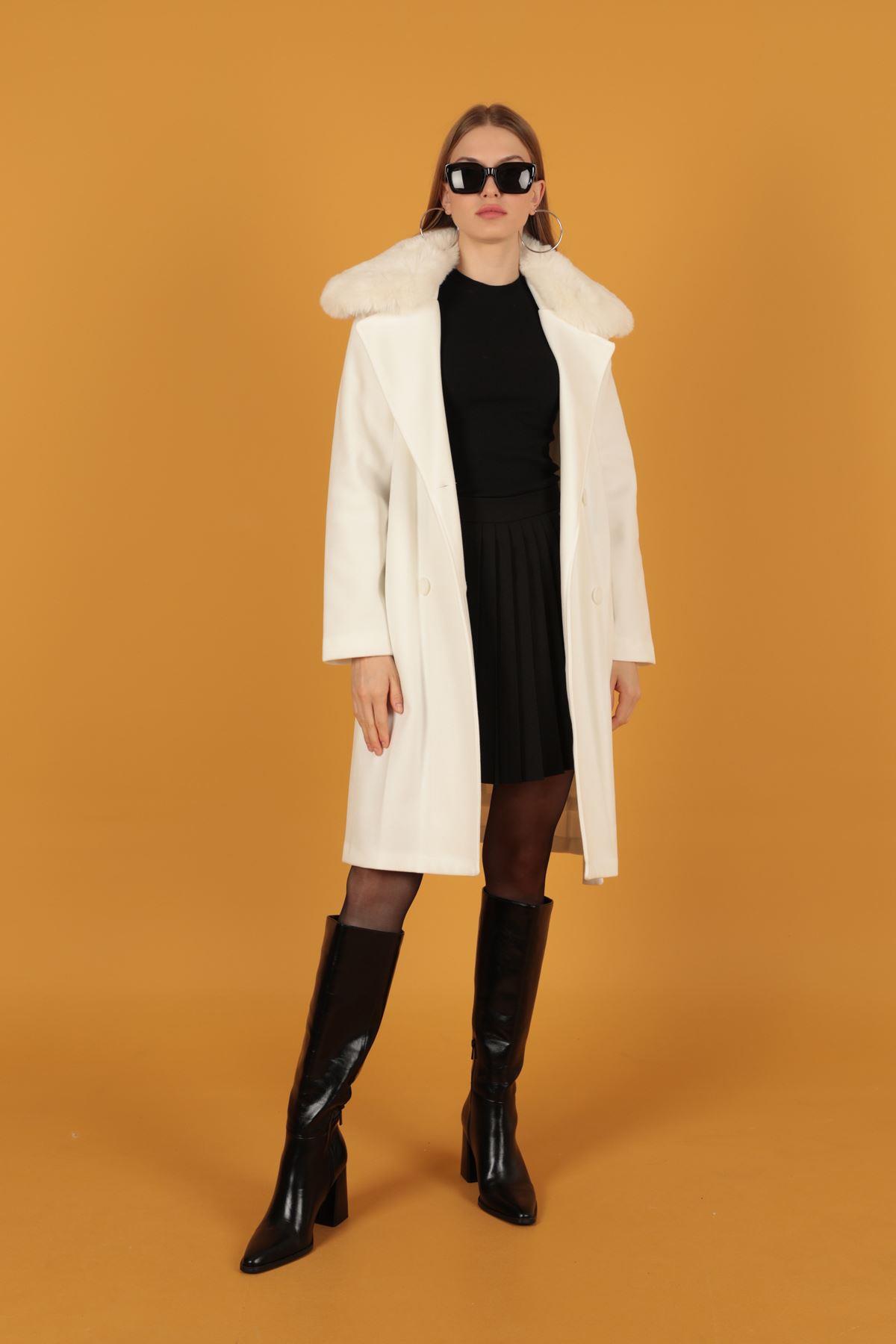 Fur Detail Women's Cashmere Coat-White