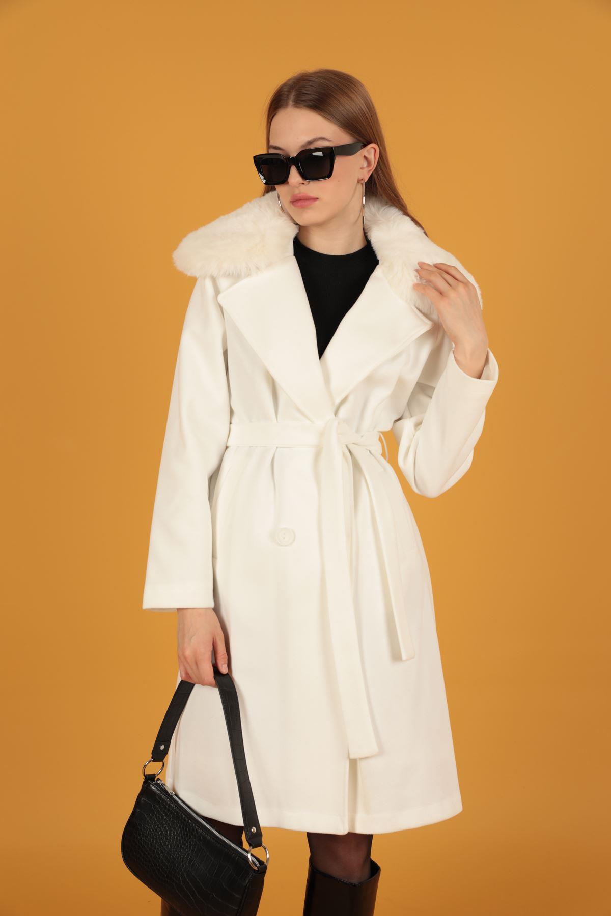Fur Detail Women's Cashmere Coat-White