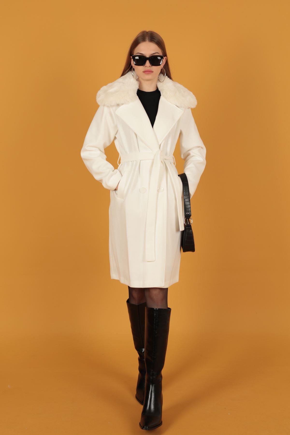 Fur Detail Women's Cashmere Coat-White