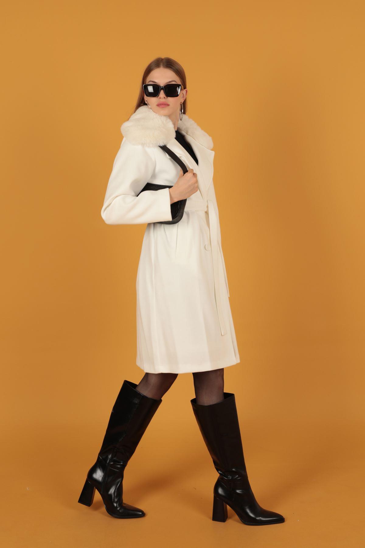 Fur Detail Women's Cashmere Coat-White