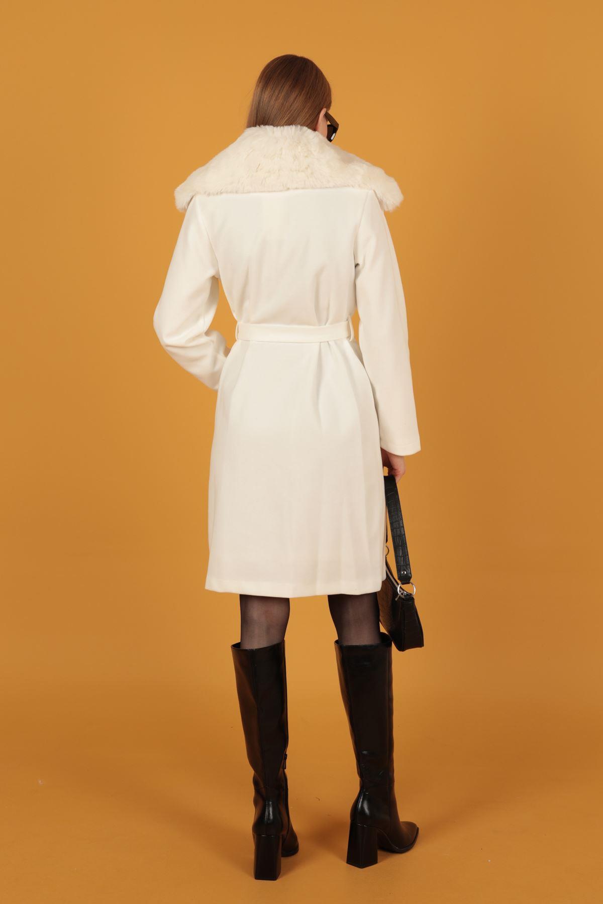 Fur Detail Women's Cashmere Coat-White