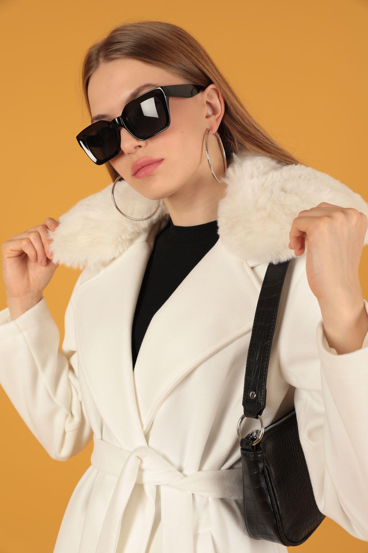 Fur Detail Women's Cashmere Coat-White