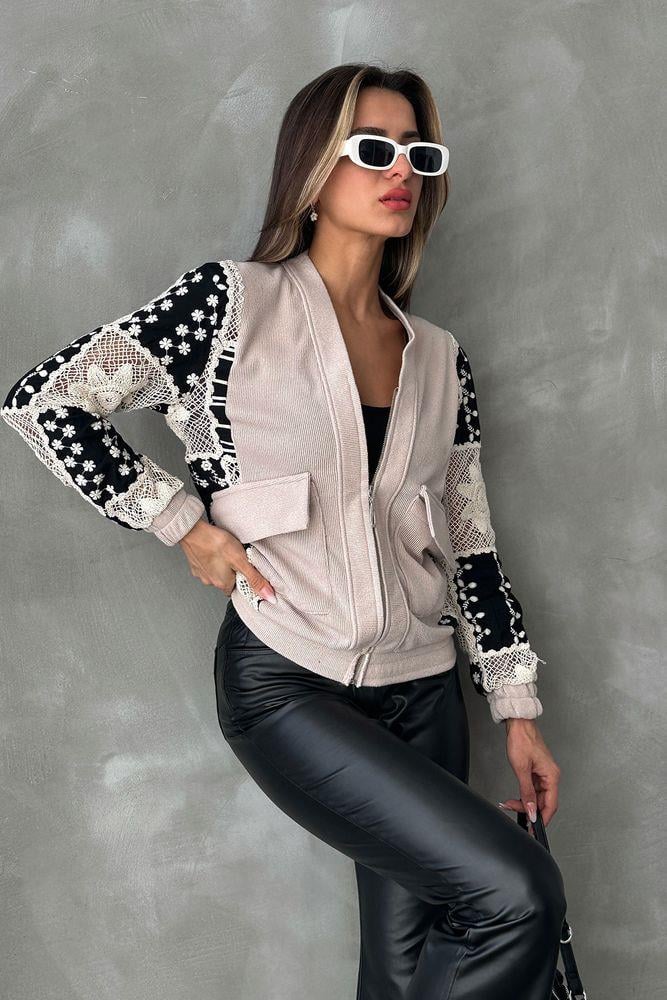 Gübür Detaylı Toptan Ceket - Taş | TOPSHOW