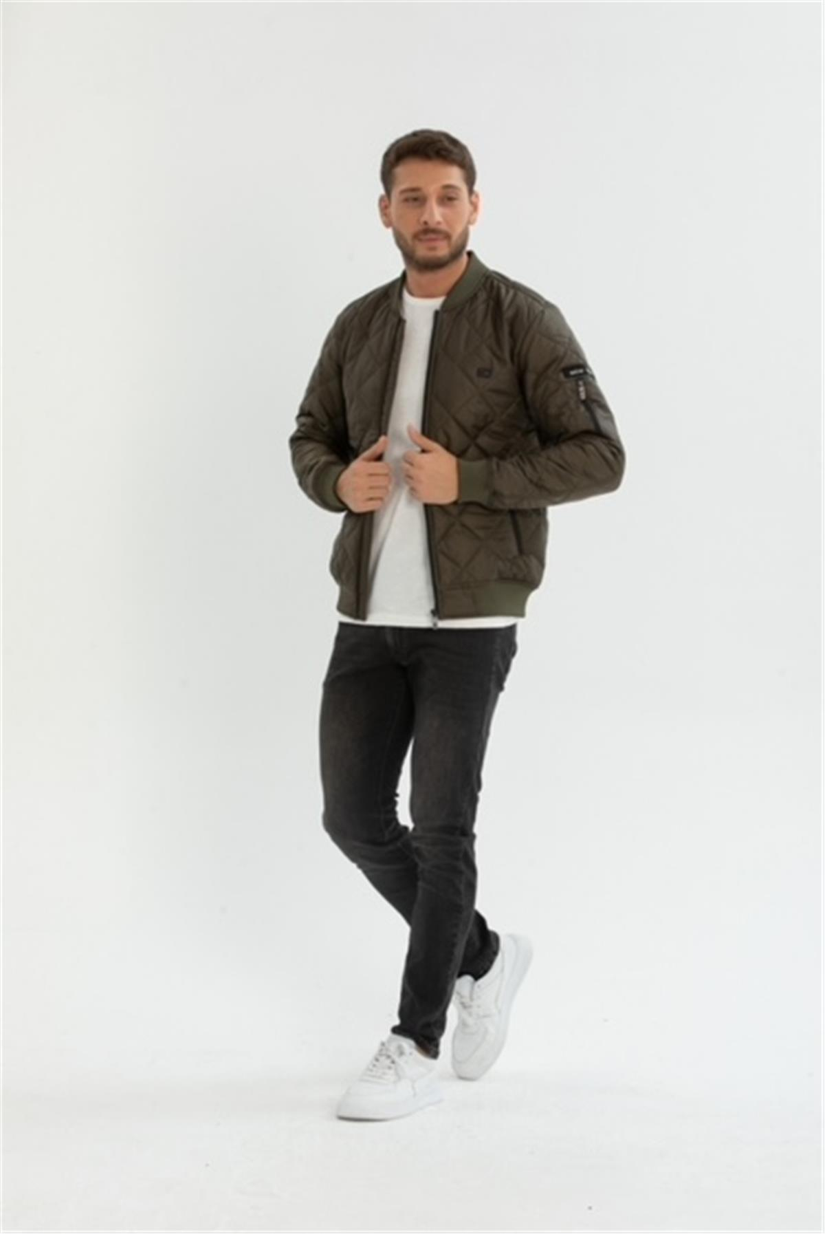 Wholesale Khaki Diamond Pattern Sleeve Detail Pilot Jacket 3062H