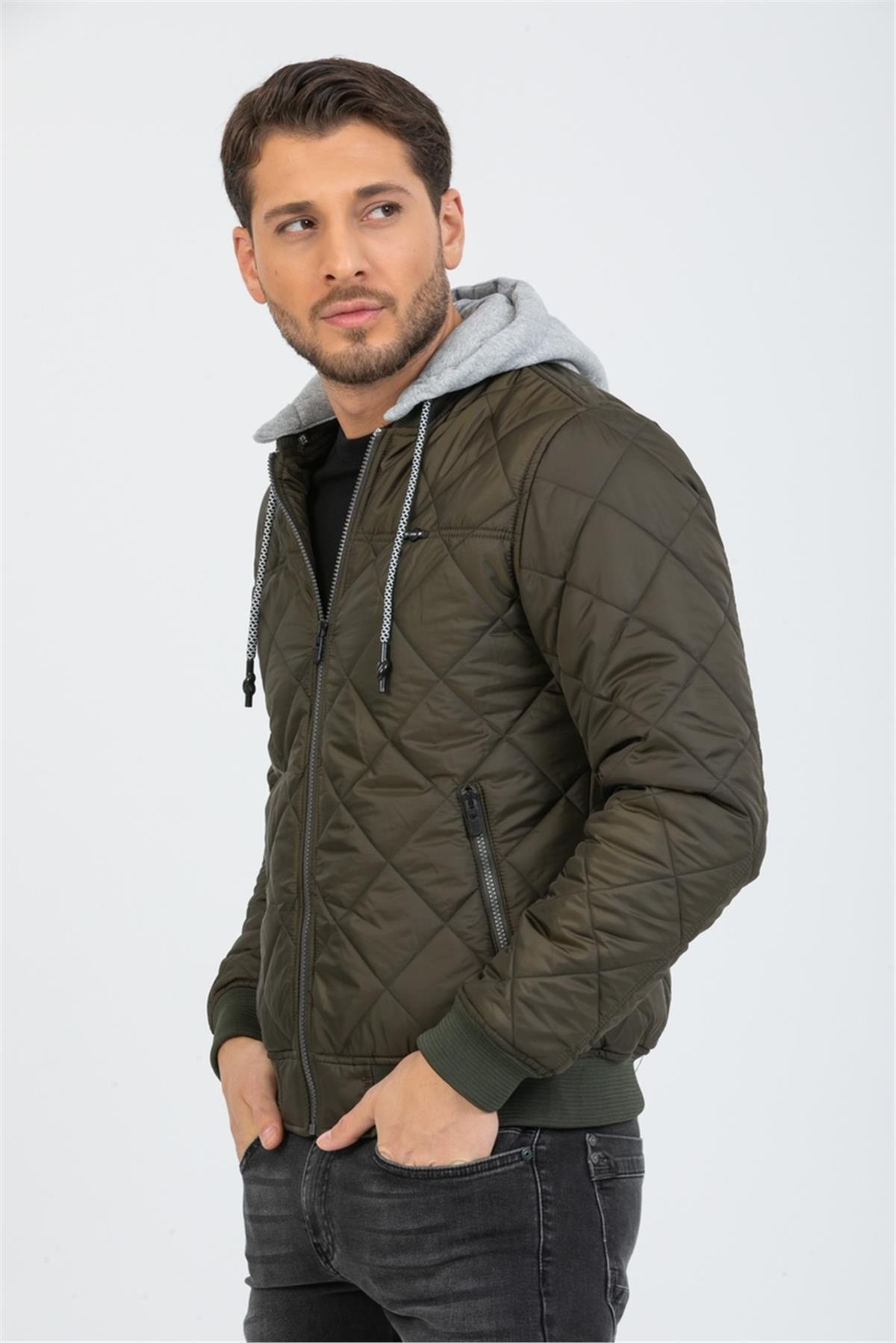 Wholesale Khaki Diamond Pattern Detachable Hood Jacket 35733H