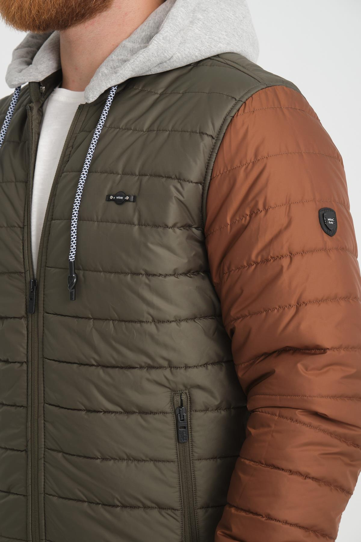 Wholesale Khaki Two-Tone Puffer Detachable Hood Jacket 45761H