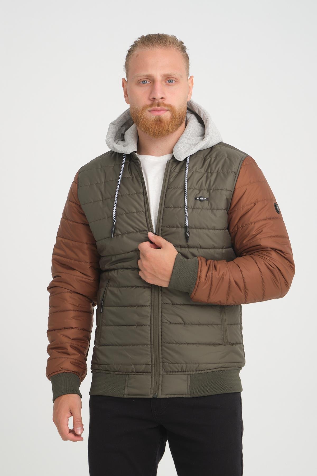 Wholesale Khaki Two-Tone Puffer Detachable Hood Jacket 45761H