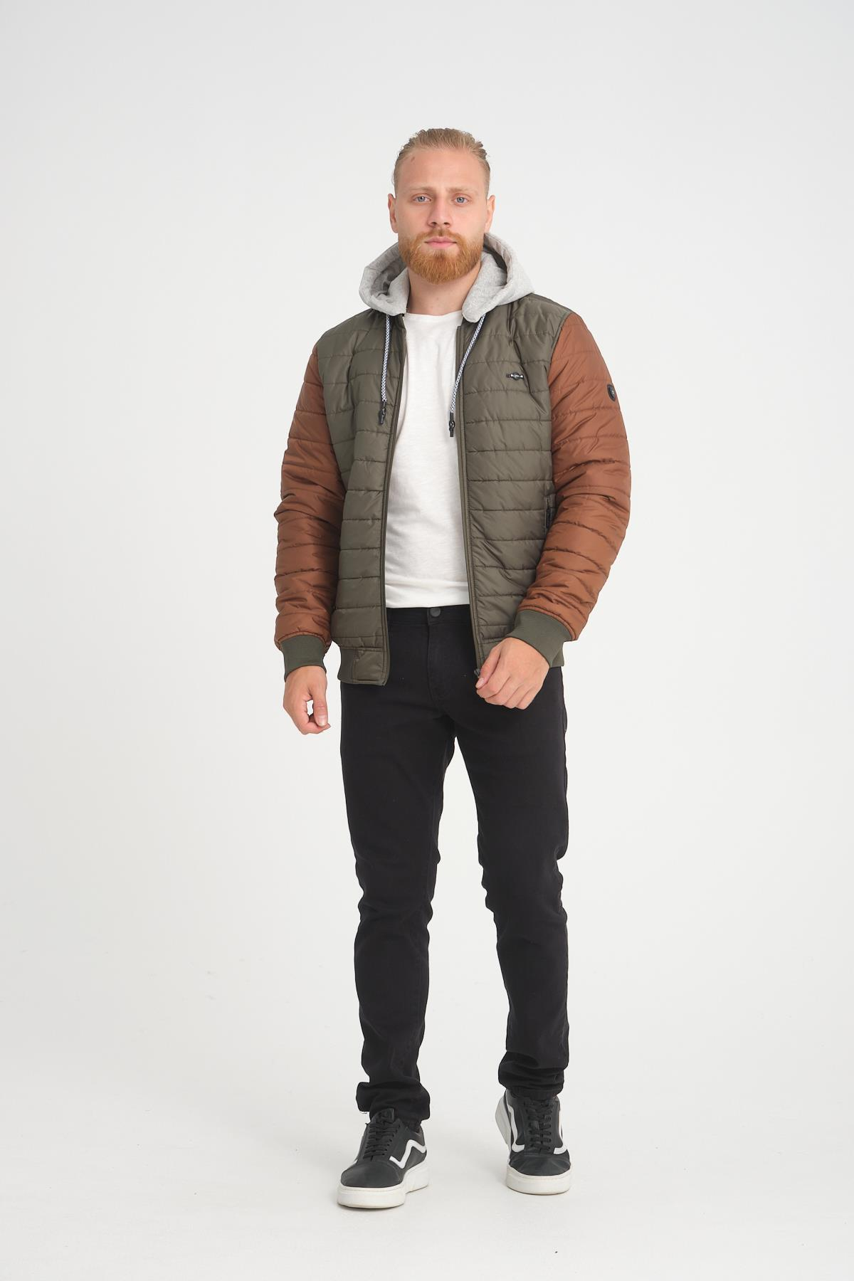 Wholesale Khaki Two-Tone Puffer Detachable Hood Jacket 45761H