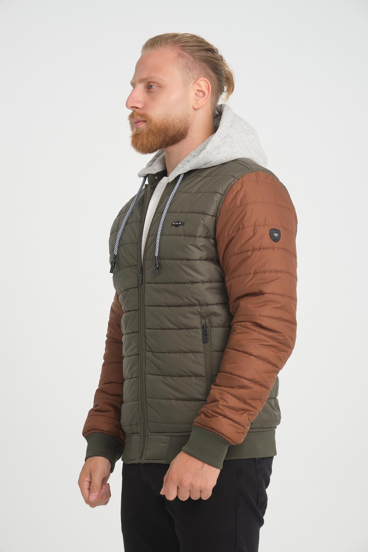 Wholesale Khaki Two-Tone Puffer Detachable Hood Jacket 45761H