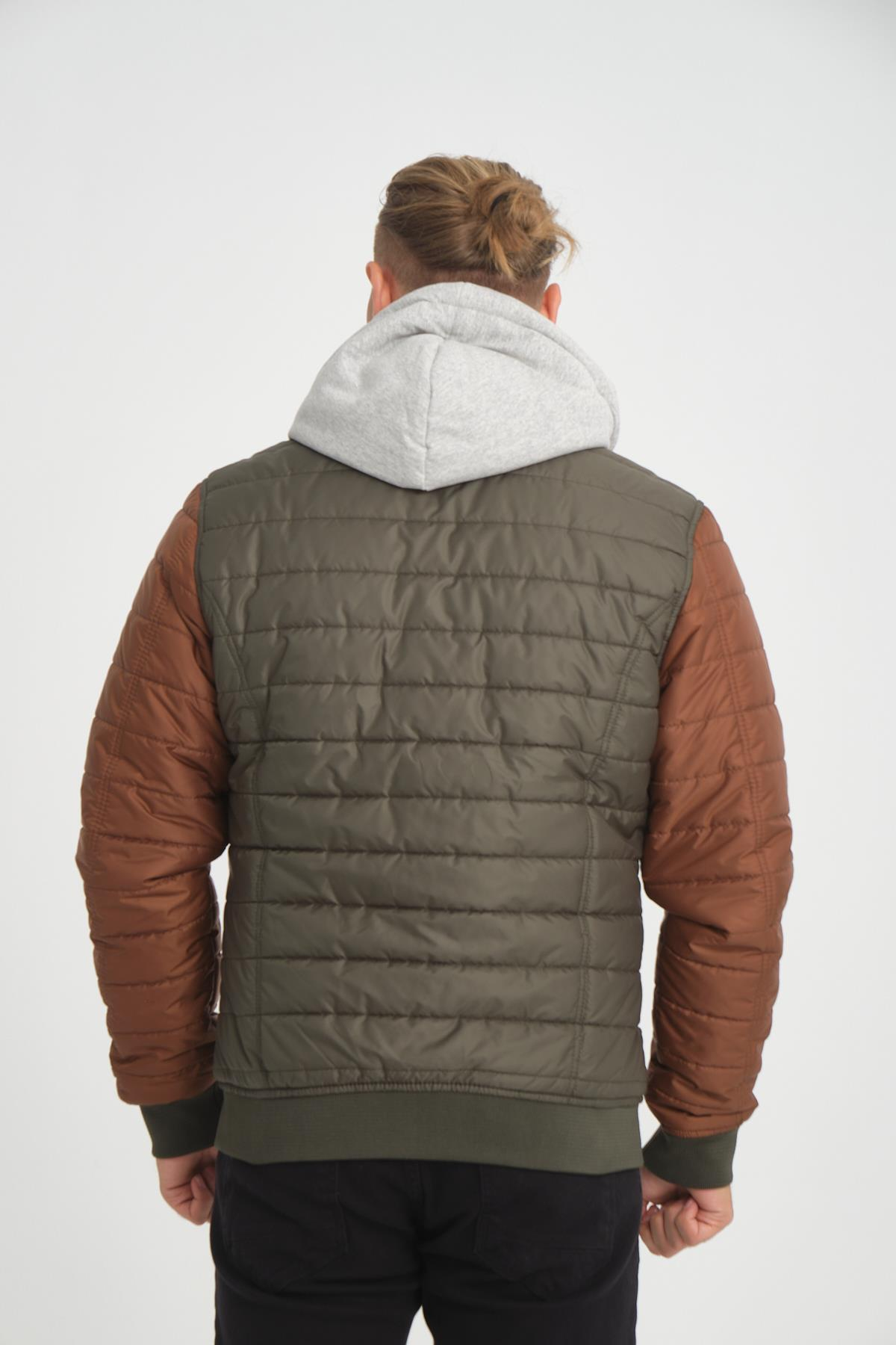 Wholesale Khaki Two-Tone Puffer Detachable Hood Jacket 45761H