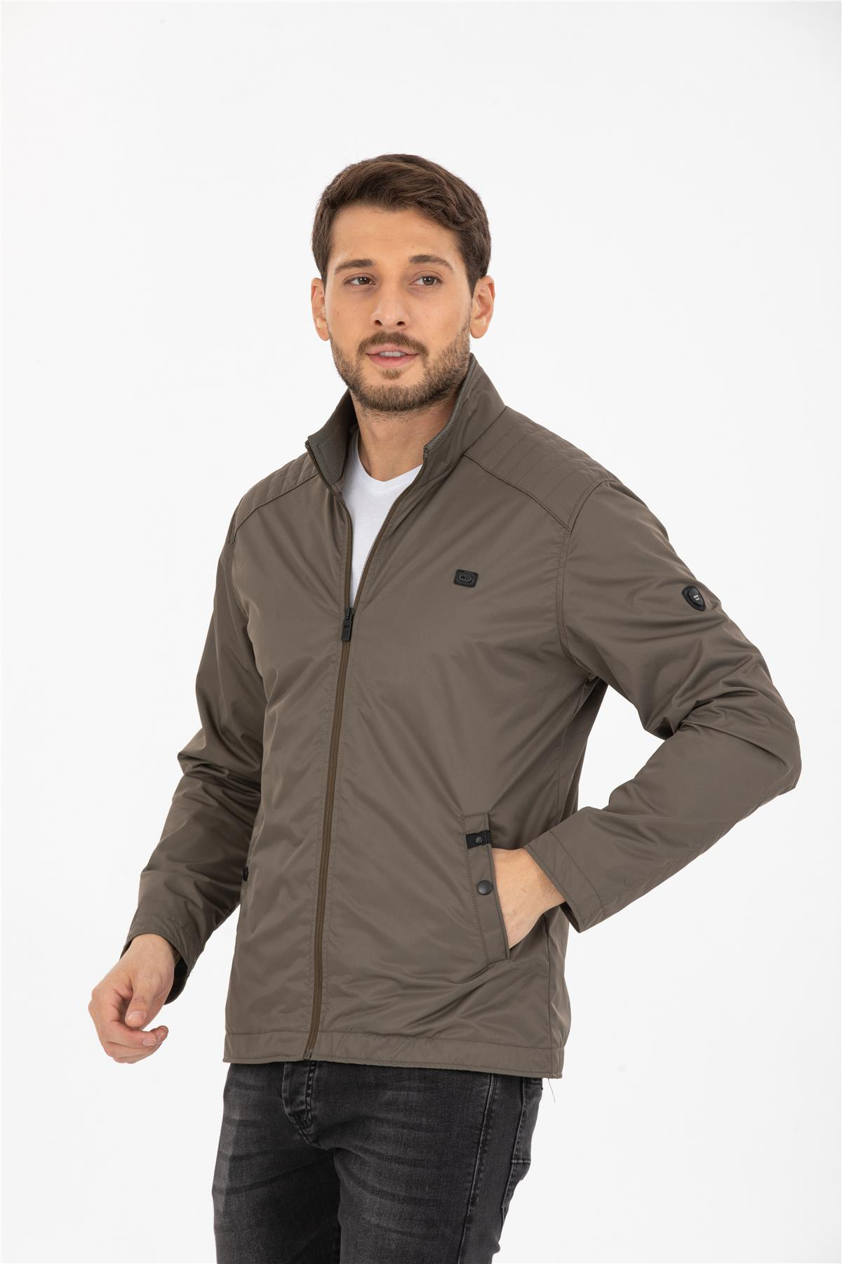 Wholesale Khaki Stand Collar Shoulder Detail Jersey Lined Spring Jacket 3065H