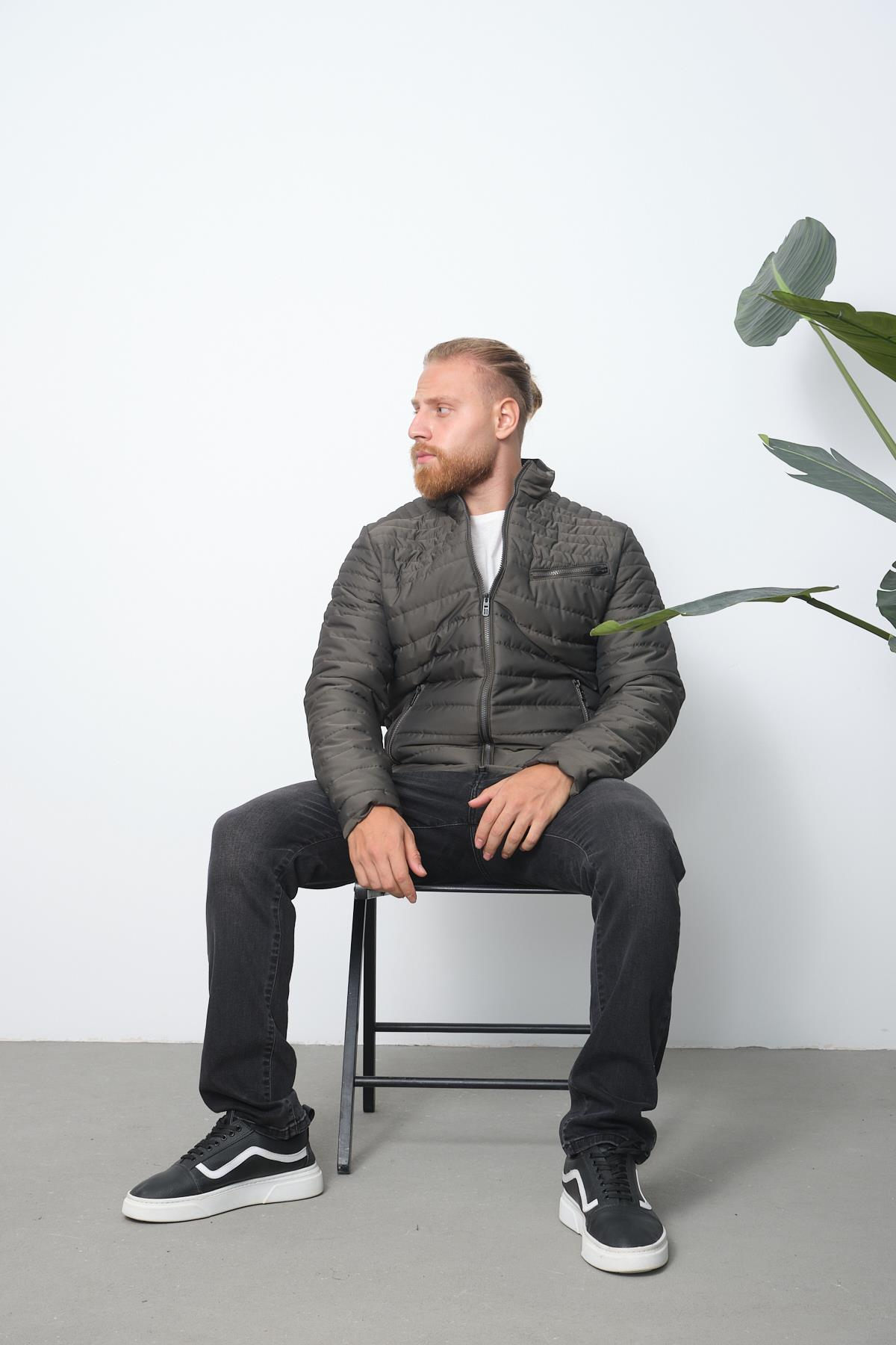 Wholesale Khaki Chest Zipper Detail Stand Collar Jacket 3083H