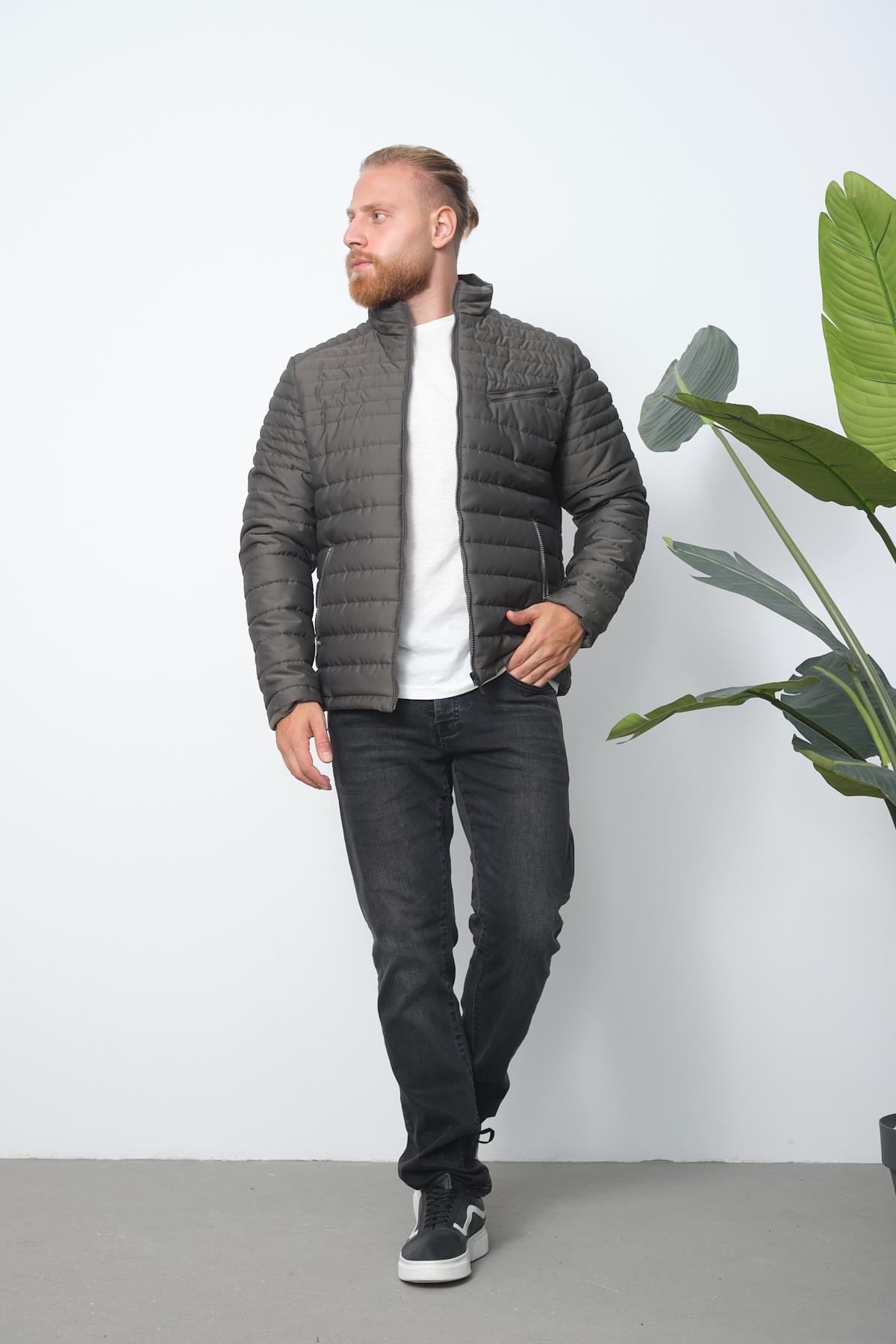 Wholesale Khaki Chest Zipper Detail Stand Collar Jacket 3083H