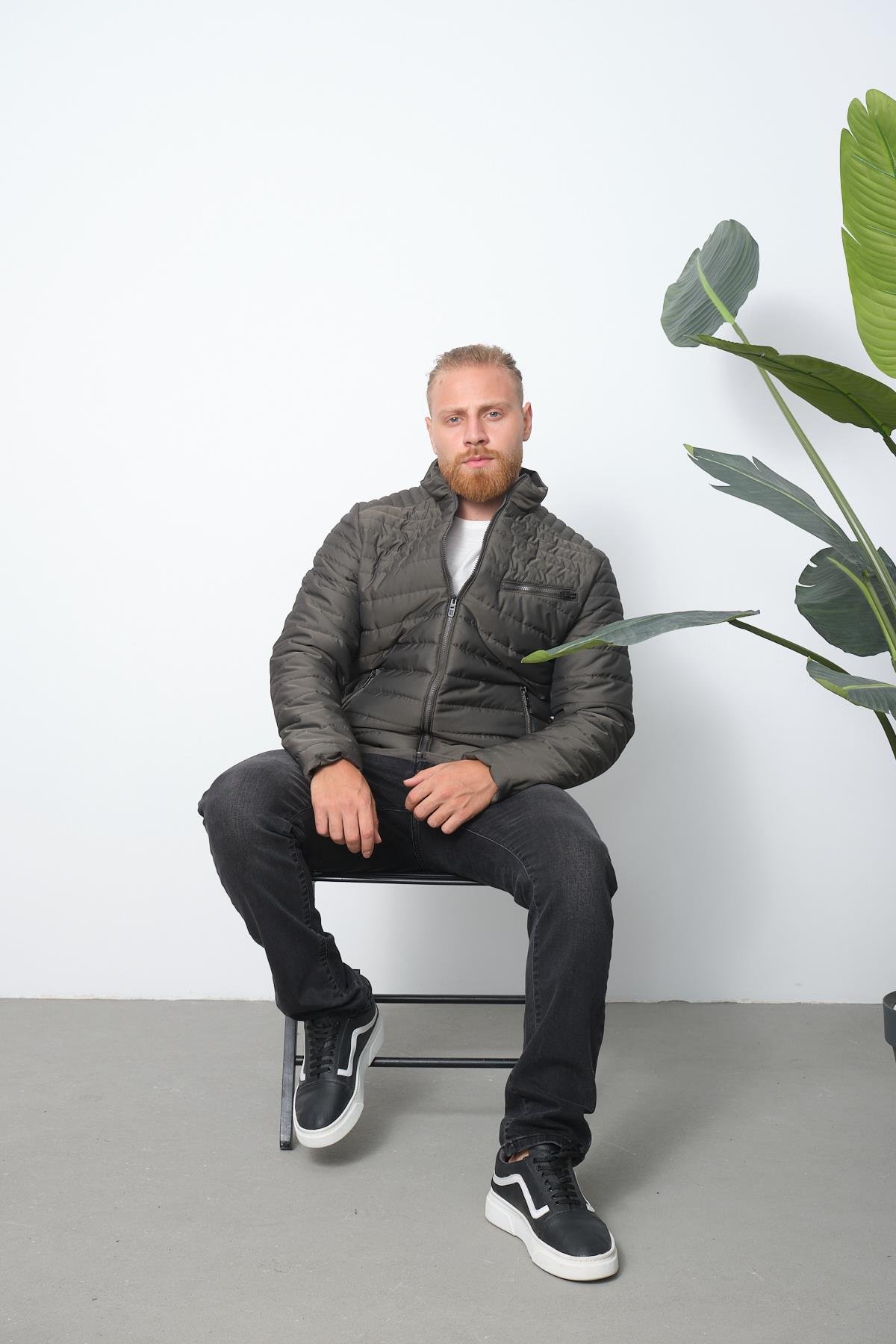 Wholesale Khaki Chest Zipper Detail Stand Collar Jacket 3083H