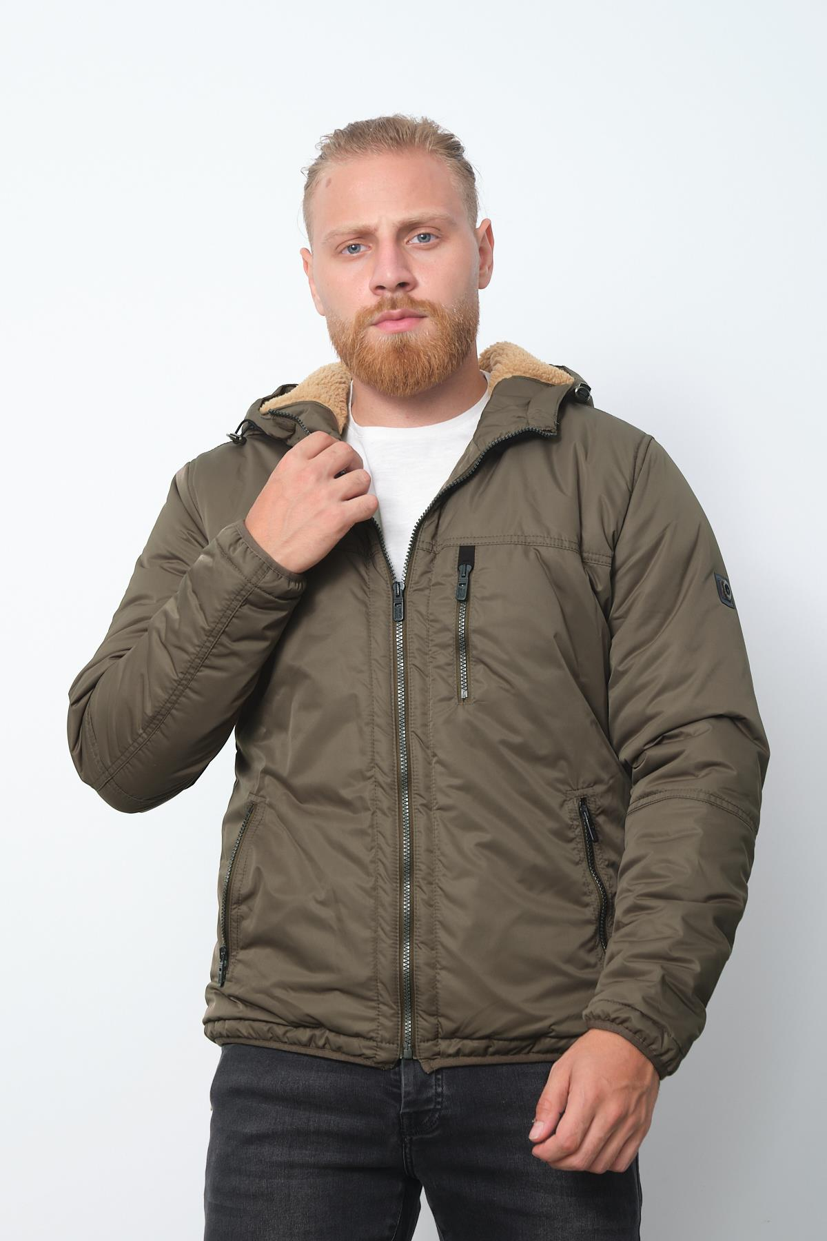 Wholesale Khaki Fur Lined Hooded Coat 35791H