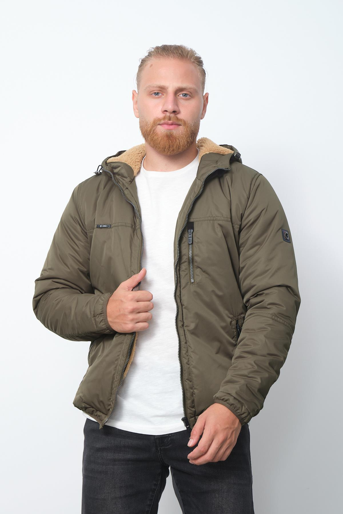 Wholesale Khaki Fur Lined Hooded Coat 35791H