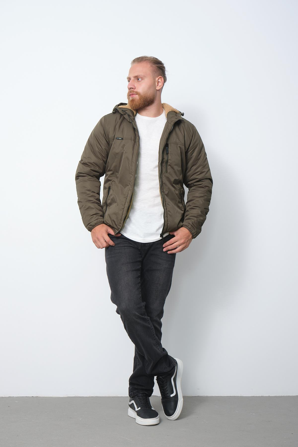 Wholesale Khaki Fur Lined Hooded Coat 35791H