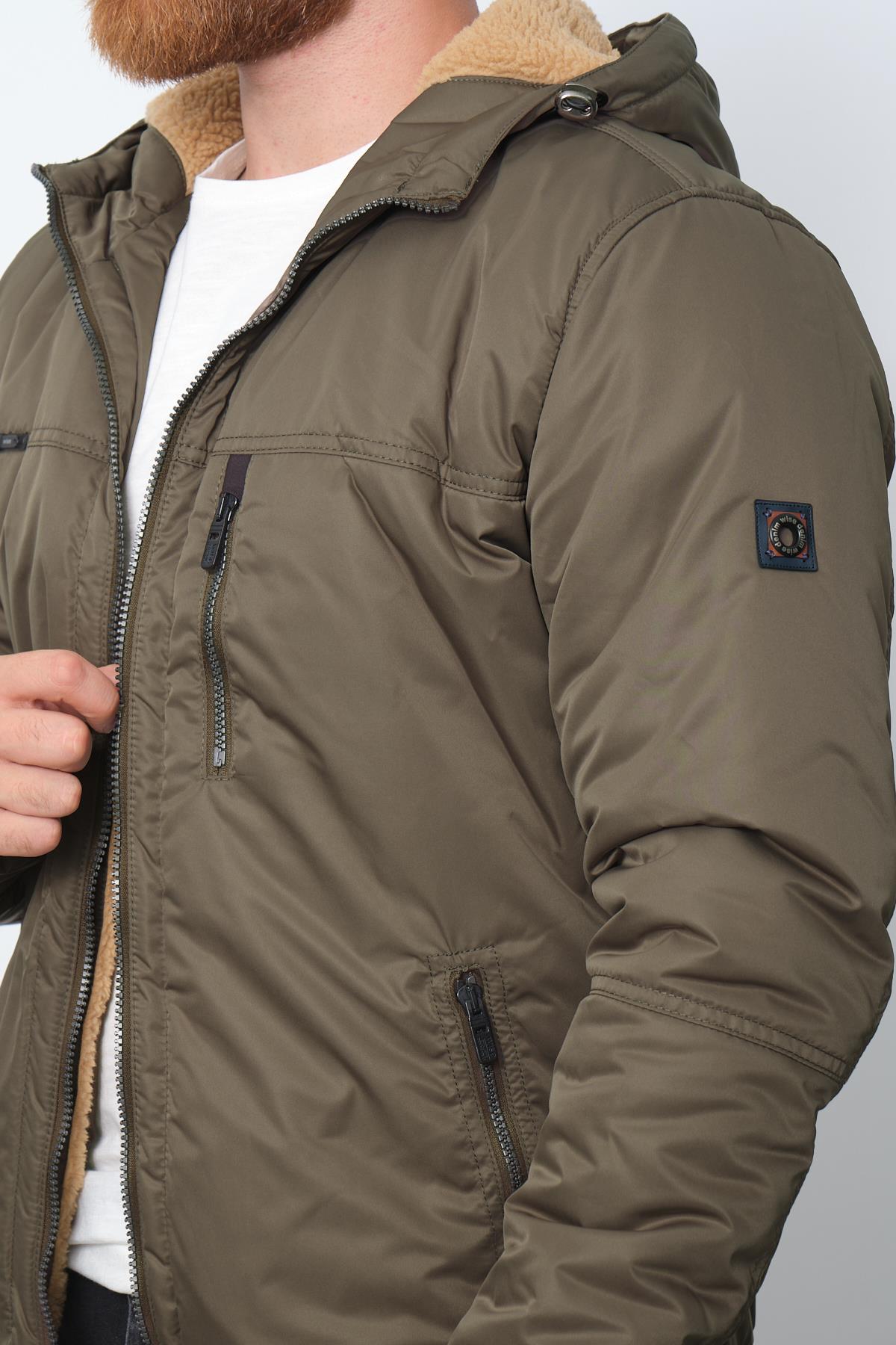 Wholesale Khaki Fur Lined Hooded Coat 35791H