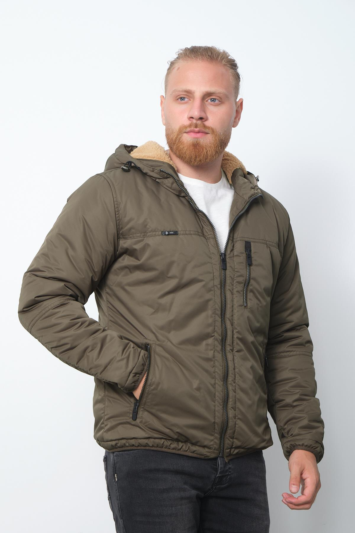 Wholesale Khaki Fur Lined Hooded Coat 35791H