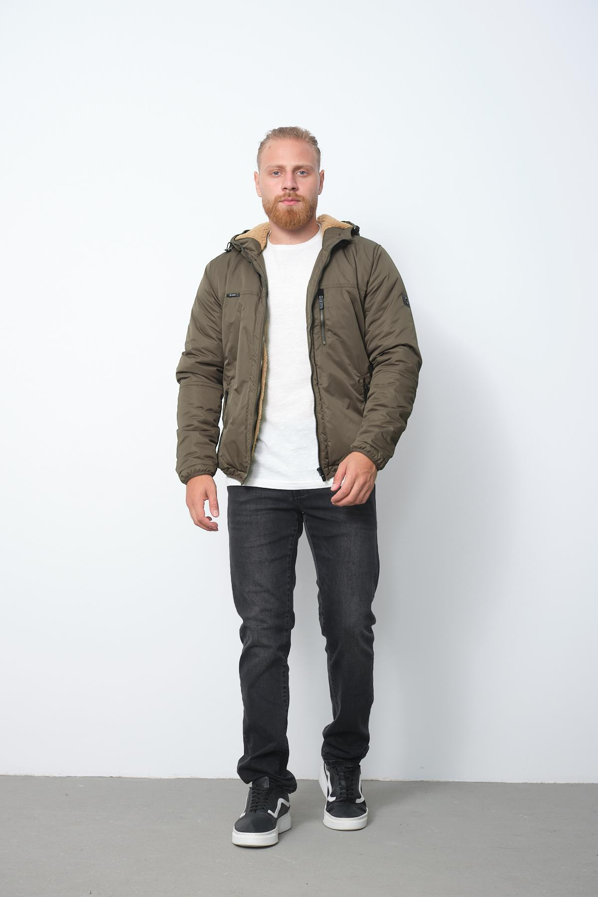 Wholesale Khaki Fur Lined Hooded Coat 35791H