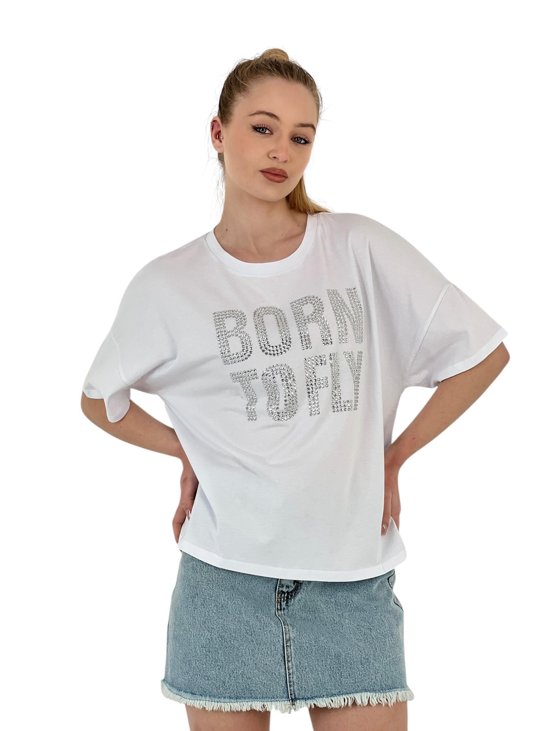 Kadın Born Baskılı Kısa Kollu Yazlık Beyaz Tişört