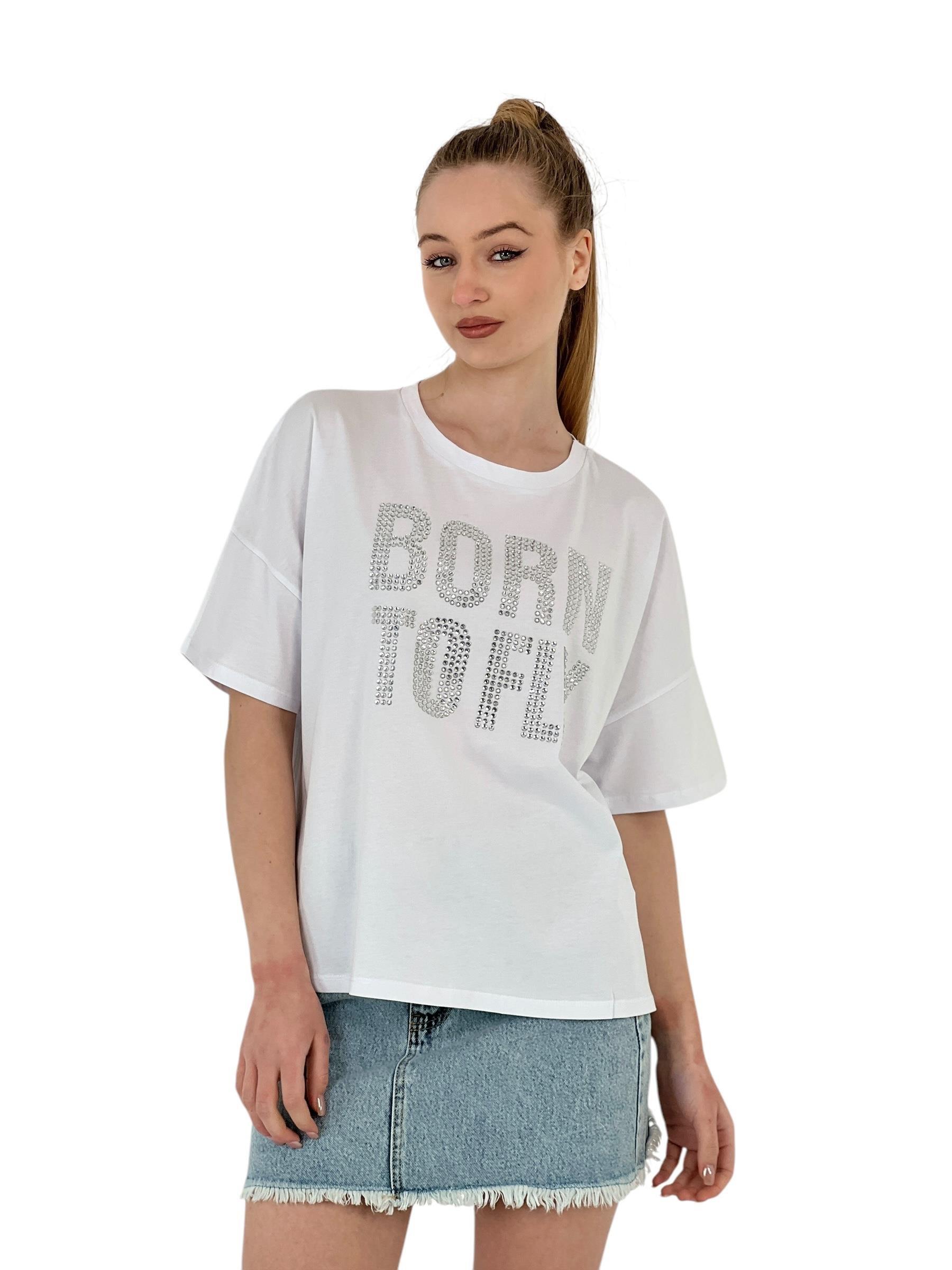 Kadın Born Baskılı Kısa Kollu Yazlık Beyaz Tişört