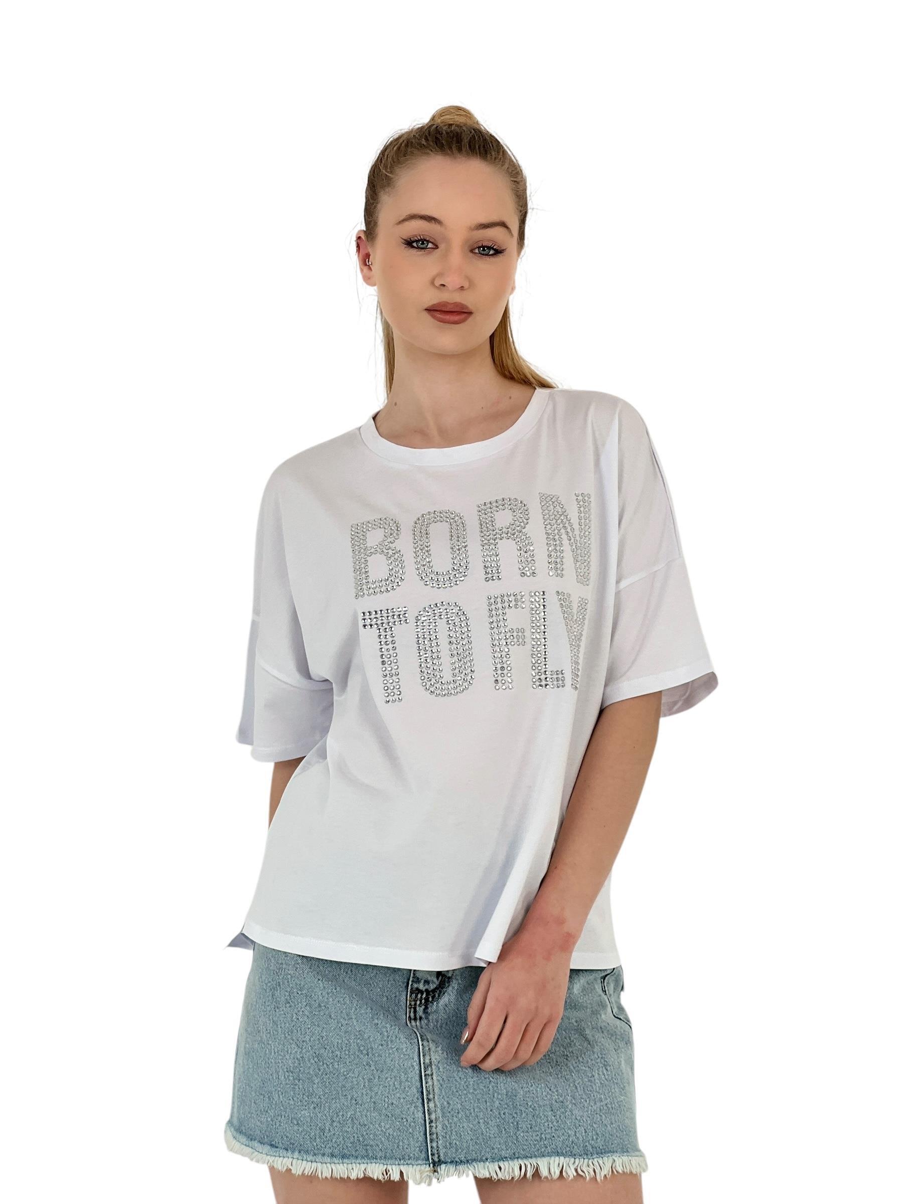 Kadın Born Baskılı Kısa Kollu Yazlık Beyaz Tişört