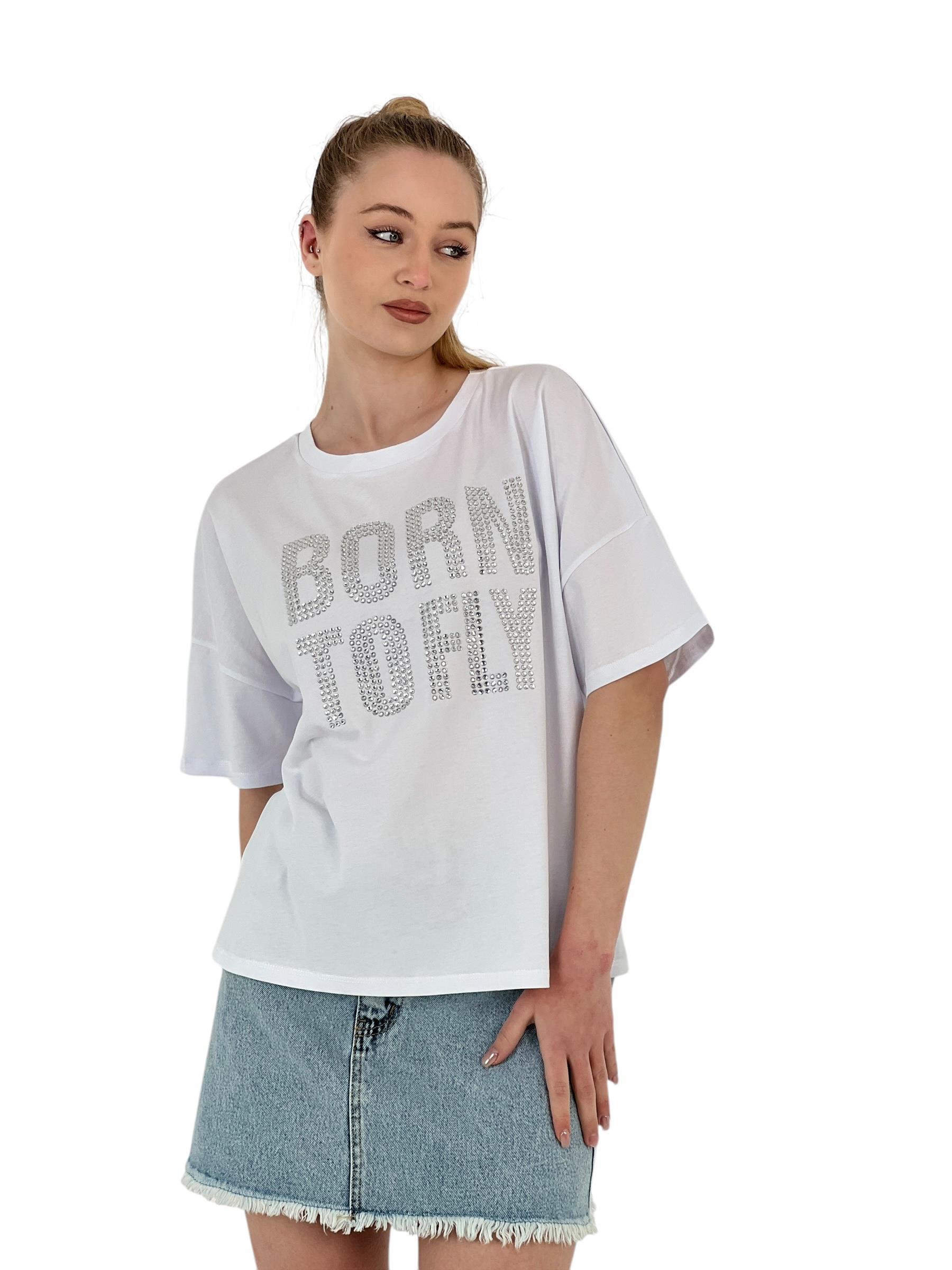 Kadın Born Baskılı Kısa Kollu Yazlık Beyaz Tişört