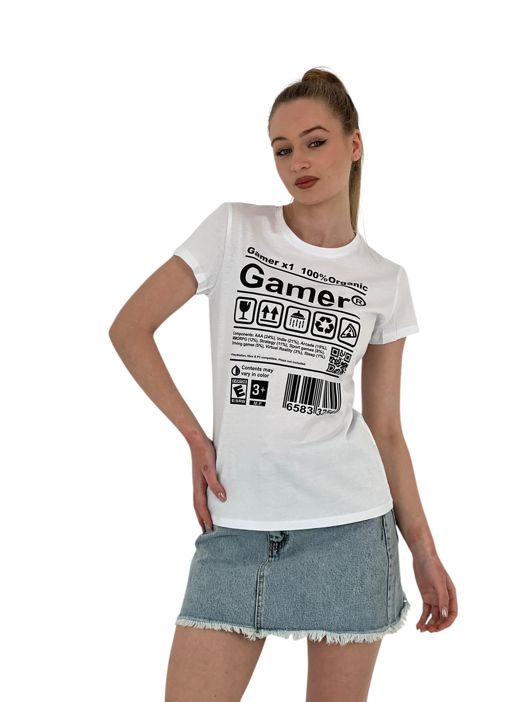 Kadın Gamer Baskılı Kısa Kollu Yazlık Beyaz Tişört